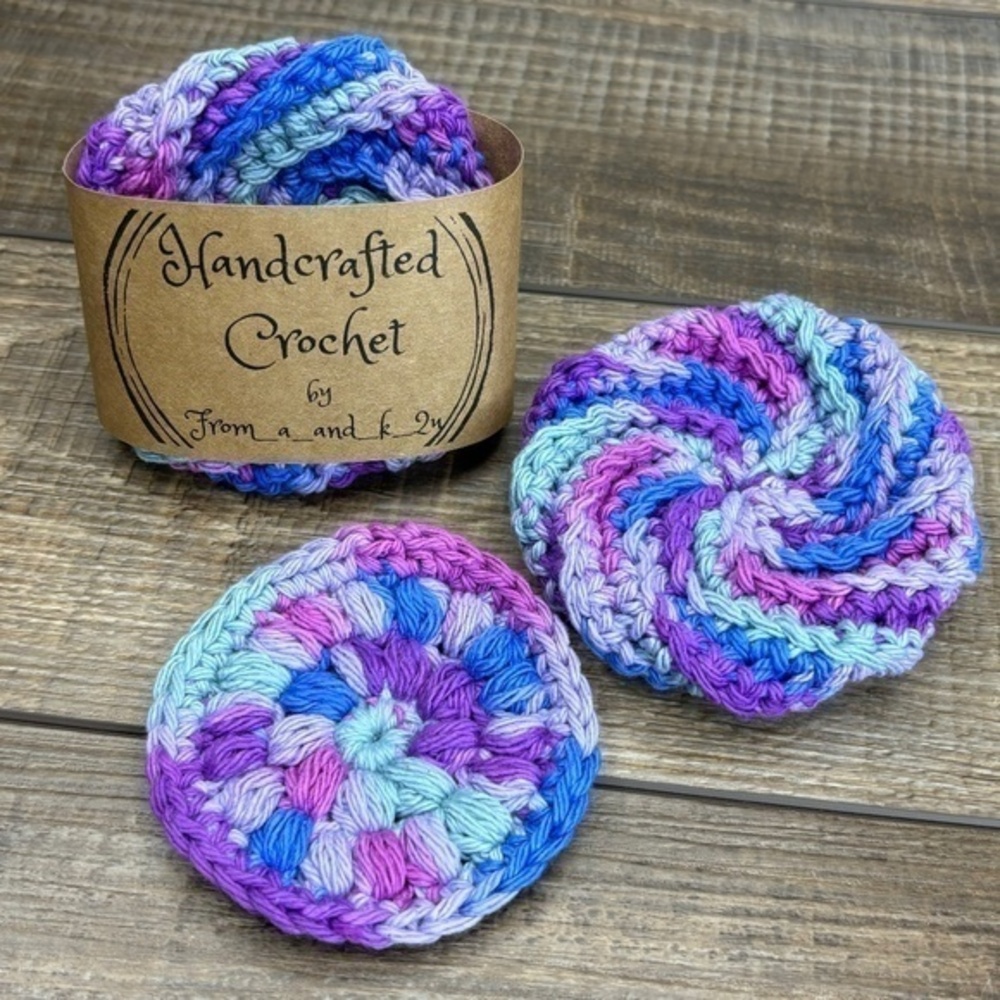 Handcrafted Crochet Spiral‎ Tawashi and Face Round Scrubbies Set Cotton Yarn